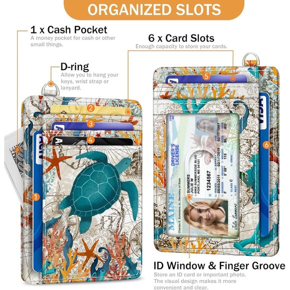 Sea Turtle Credit Card Holder Slim Wallet, RFID Wallet Women Front Pocket Wristl - Picture 4 of 6